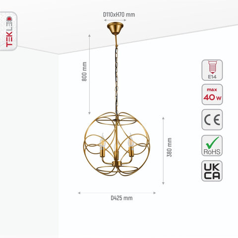 Gold Aluminium Bronze or Black Globe Cage Pendant Chandelier Ceiling Light E14