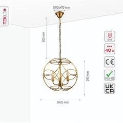 Gold Aluminium Bronze or Black Globe Cage Pendant Chandelier Ceiling Light E14
