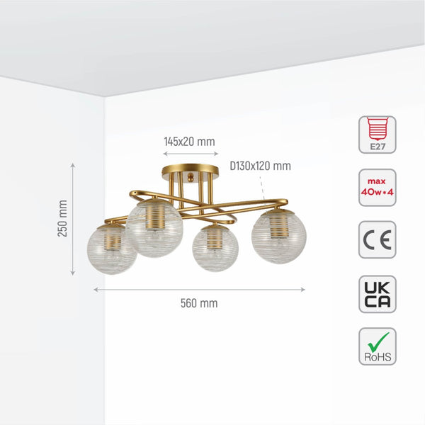 Gold Ellipse Metal Textured Globe Glass Modern Ceiling Light E27 Fittings