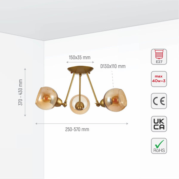 Gold Hinged Metal Amber Dome Glass Ceiling Light E27 Fittings