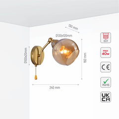 Gold Hinged Metal Amber Dome Glass Wall Light E27 Pull Down Switch
