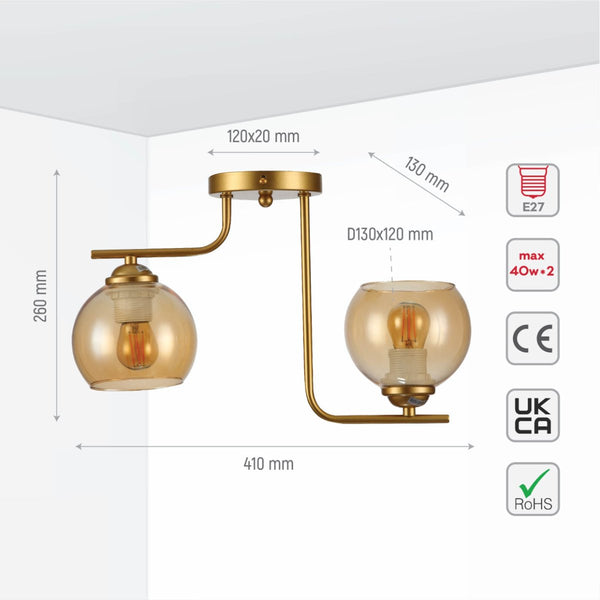 Gold L shape Metal Amber Dome Glass Ceiling Light E27 Fittings