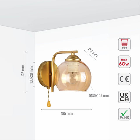 L-Shape Dome Glass Wall Light E27 with Pull Down Switch