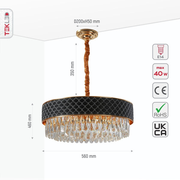 Black or Cream Leather Shade Gold Metal Body Crystal Chandelier Ceiling Light E14