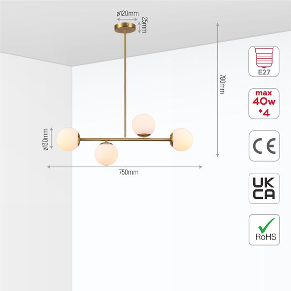 Gold Metal Body Opal Glass Globes Ceiling Light 4xE27 Fittings