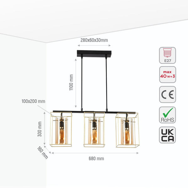 TEKLED Gold Metal Cage Amber Cylinder Glass Pendant or Island Ceiling Light E27 Fitting - Single or Triple