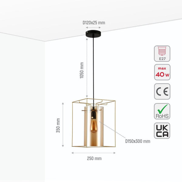 TEKLED Gold Metal Cage Amber Cylinder Glass Pendant or Island Ceiling Light E27 Fitting - Single or Triple