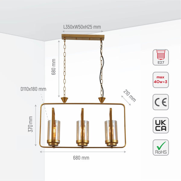 Black or God Metal Cage Body Amber Cylinder Glass Kitchen Island Chandelier Pendant Ceiling Light E27