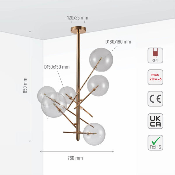 Nordic Sputnik Metal Clear Glass Globe Modern Chandelier Ceiling Light 6xG4