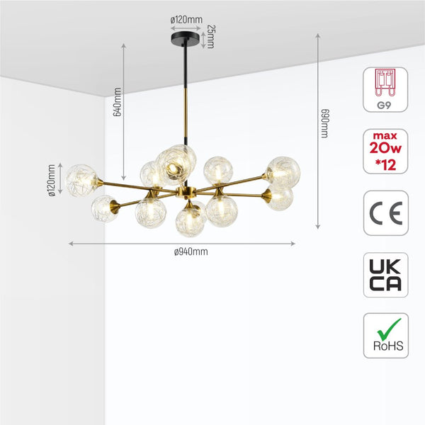 Gold Metal Sputnik Clear Globe Glass Chandelier Ceiling Light 12xG9 Fittings