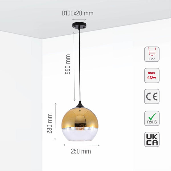 Gold Out Silver In Globe Glass Pendant Ceiling Light E27