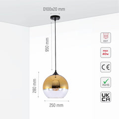 Gold Out Silver In Globe Glass Pendant Ceiling Light E27