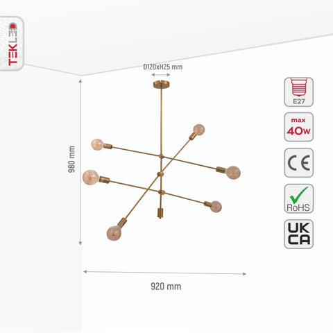Gold Rod Modern Pendant Tiered Ceiling Chandelier Light 6xE27 Fittings
