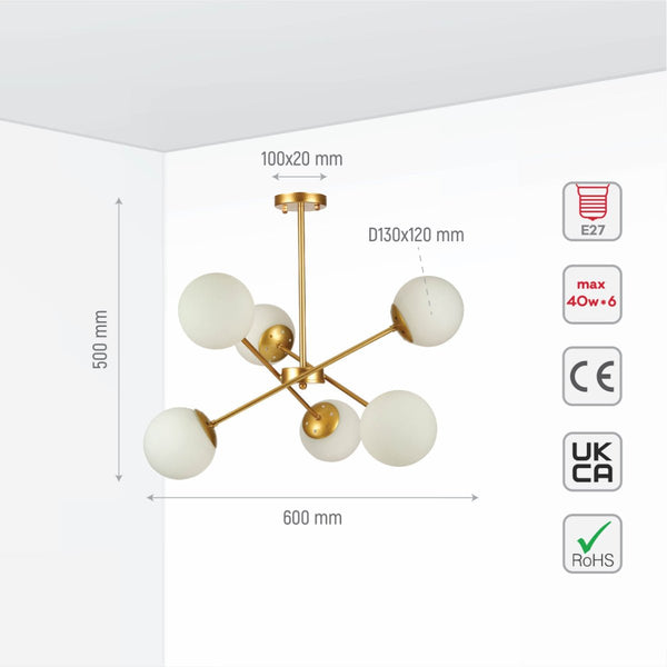 Gold Sputnik Metal Opal Globe Glass Modern Ceiling Light E27 Fittings