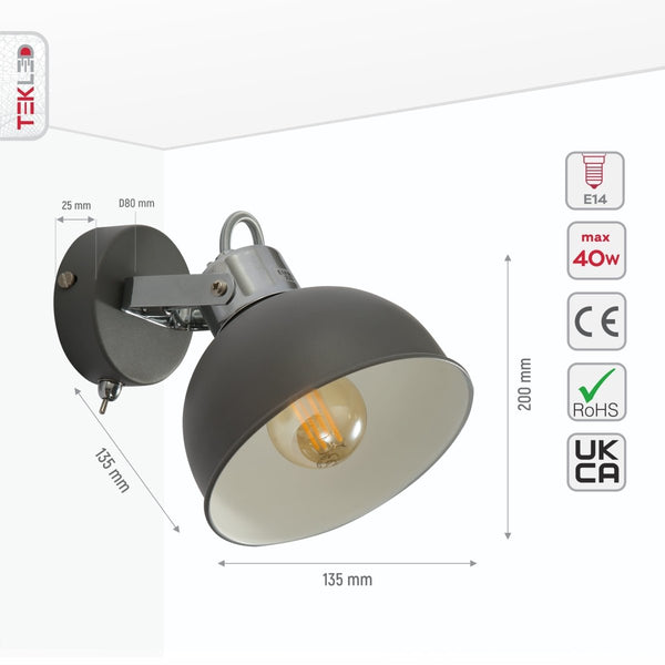 Grey Dome Shade Grey metal Body Ceiling and Wall Light E14