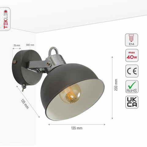 Grey Dome Shade Grey metal Body Ceiling and Wall Light E14