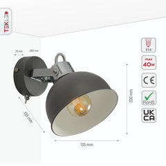 Grey Dome Shade Grey metal Body Ceiling and Wall Light E14