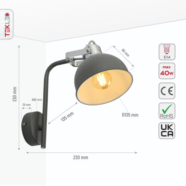 Grey Dome Shade Grey metal Body Ceiling and Wall Light E14
