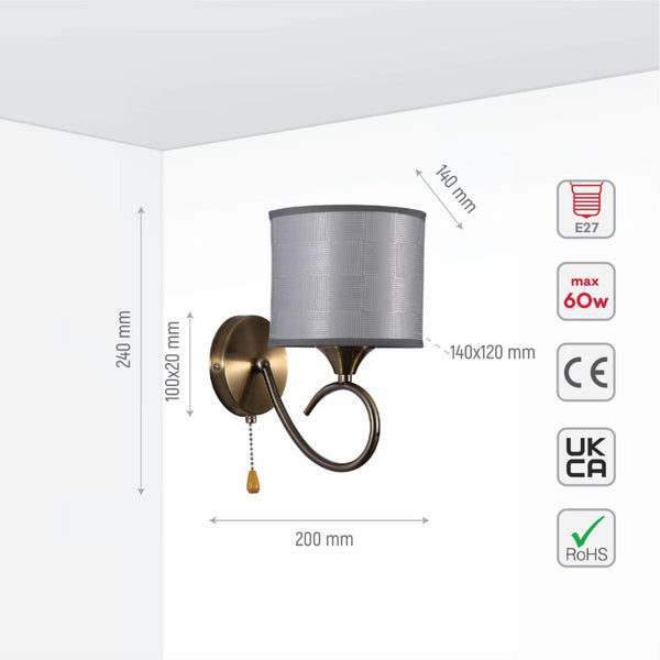 Grey Fabric Shade Antique Brass Hook Metal Vintage Retro Classic Wall Light with Pull Down Switch E27 Fitting