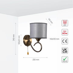 Grey Fabric Shade Antique Brass Hook Metal Vintage Retro Classic Wall Light with Pull Down Switch E27 Fitting