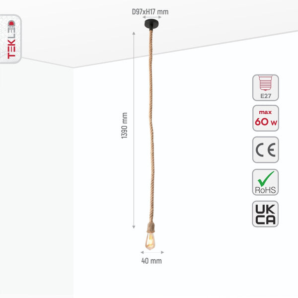 Farmhouse Rustic Hemp Rope Pendant Ceiling Light E27 Fitting