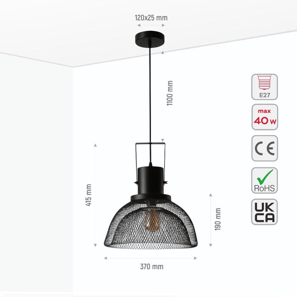 Industrial Double Mesh Caged Handled Dome Black Metal Pendant Ceiling Light E27