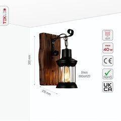Farmhouse Rustic Iron and Wood Glass Cylinder Wall Light E27
