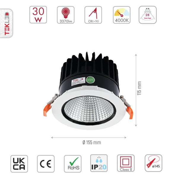LED COB Recessed Fixed Downlight P1 30W Cool White 4000K White