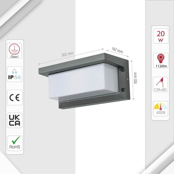 LED Diecast Aluminium Cuboid Hood Wall Lamp 20W Cool White 4000K IP54 Grey