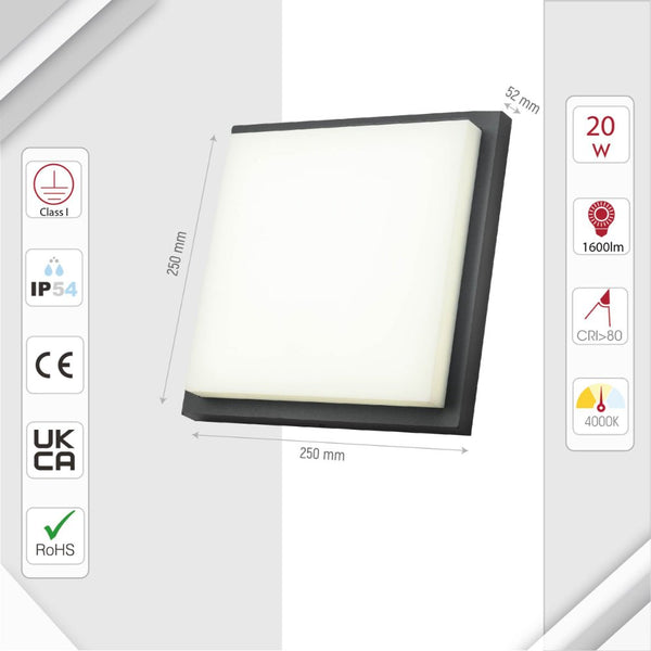 LED Diecast Aluminium Modern Square Wall Lamp 20W Cool White 4000K IP54 Anthracite Grey 250mm