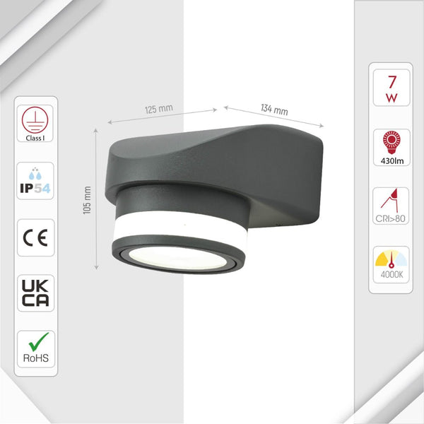 LED Diecast Aluminium One Direction Wall Lamp 7W 14W 4000K Cool White IP54 Grey
