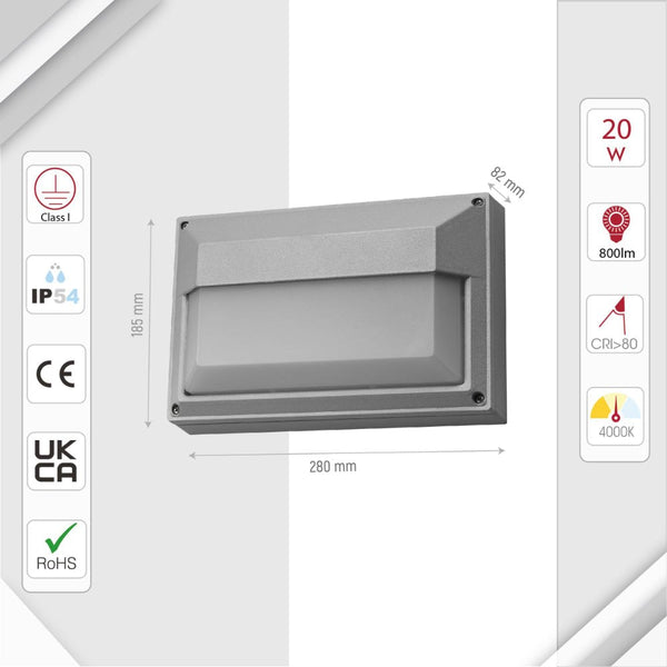 LED Diecast Aluminium Rectangle Half Wall Lamp 20W Cool White 4000K IP54 Grey