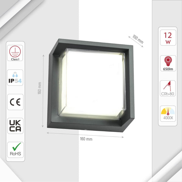 LED Diecast Aluminium Square Hood Wall Lamp 12W IP54 Grey