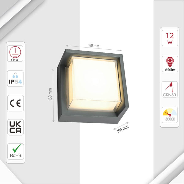 LED Diecast Aluminium Square Hood Wall Lamp 12W IP54 Grey