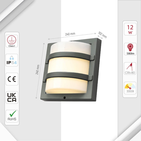 LED Diecast Aluminium Stripped Wall Lamp 12W Warm White 3000K IP54 Grey