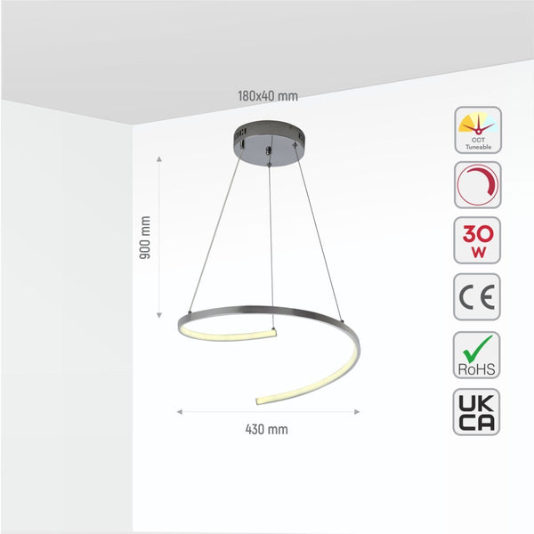 LED Spiral White Chrome Gold Finishing 30W CCT Change Dimmable Contemporary Nordic Scandinavian Pendant Ceiling Light with Remote Control