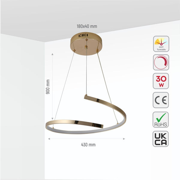 LED Spiral White Chrome Gold Finishing 30W CCT Change Dimmable Contemporary Nordic Scandinavian Pendant Ceiling Light with Remote Control