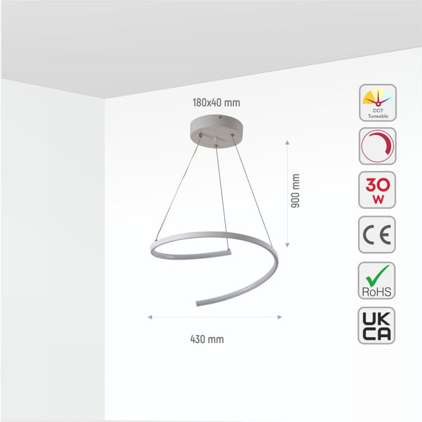 LED Spiral White Chrome Gold Finishing 30W CCT Change Dimmable Contemporary Nordic Scandinavian Pendant Ceiling Light with Remote Control