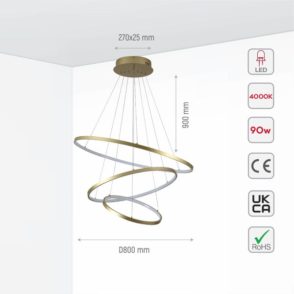 LED Triple Circle Gold Finishing 4000K Natural Cool White Modern Contemporary Nordic Scandinavian Pendant Ceiling Light