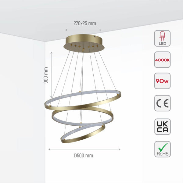 LED Triple Circle Gold Finishing 4000K Natural Cool White Modern Contemporary Nordic Scandinavian Pendant Ceiling Light