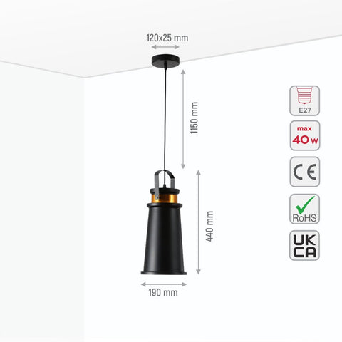 Loft Cafe Bar Counter Exhibition Hall Pub Aisle Black Gold Funnel Handled Metal Pendant Ceiling Light