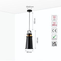 Loft Cafe Bar Counter Exhibition Hall Pub Aisle Black Gold Funnel Handled Metal Pendant Ceiling Light