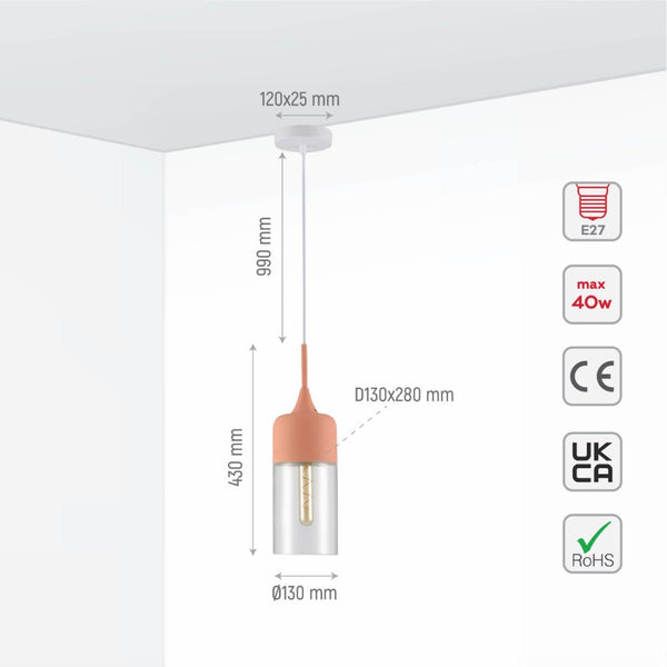 Macaron Salmon Pink-Olive Green-Mustard Yellow Cylinder Glass Pendant Ceiling Light E27 Fitting