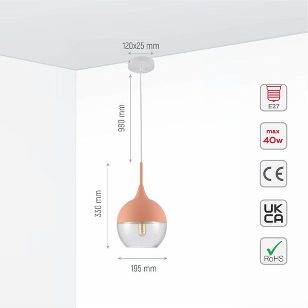 Macaron Salmon Pink-Olive Green-Mustard Yellow Dome Glass Pendant Ceiling Light E27 Fitting