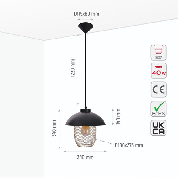 Matte Gold Caged Shade with Black Dome Top Pendat Ceiling Light E27 Fitting