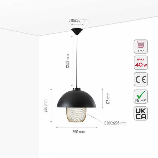 Matte Gold Caged Shade with Black Dome Top Pendat Ceiling Light E27 Fitting