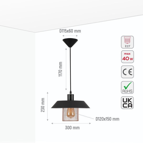 Matte Gold Caged Shade with Black Flat Top Pendat Ceiling Light E27 Fitting