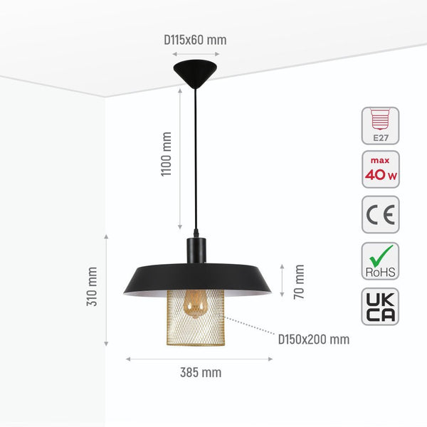 Matte Gold Caged Shade with Black Flat Top Pendat Ceiling Light E27 Fitting