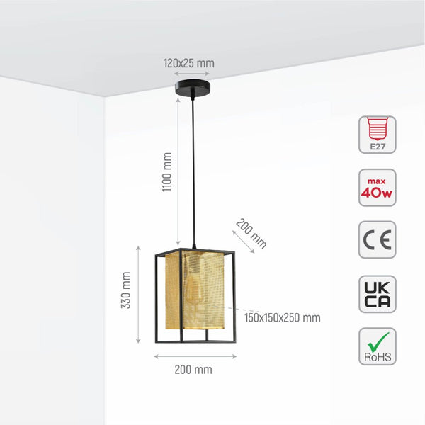 Matte Gold Metal Shade Black Cage Pendant or Island Ceiling Light E27 Fitting