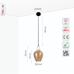 Miele Lungo Amber Glass Pendant Ceiling Light E27